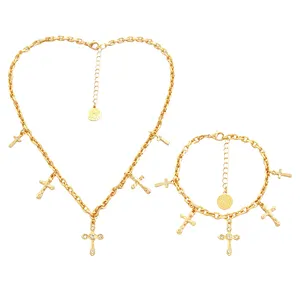 New Fashion Simple Style Hot Sale Gold Plated Jewelry Cross Pendant Hip Hop Rhinestone Link Chain Sets For Women