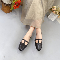 Nouvelles chaussures plates en cuir de vachette noir pour femmes, bout carré à la française, bride en T, chaussures Mary Jane peu profondes en cuir véritable à assortir aux skis