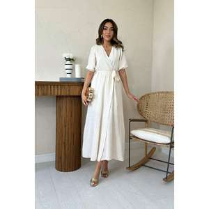 Elegante Vestido de Lino Beige con Cuello Cruzado, Cuello en V, Corte Holgado, Tejido Transpirable, para Uso Diario Informal - Product Image 5