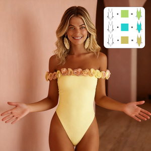 Maillot <span class=keywords><strong>de</strong></span> <span class=keywords><strong>bain</strong></span> une pièce jaune en tissu côtelé très élastique, texturé, épaules dénudées, détail fleur 3D, séchage rapide, imprimé, coupe en V - Product Image 1