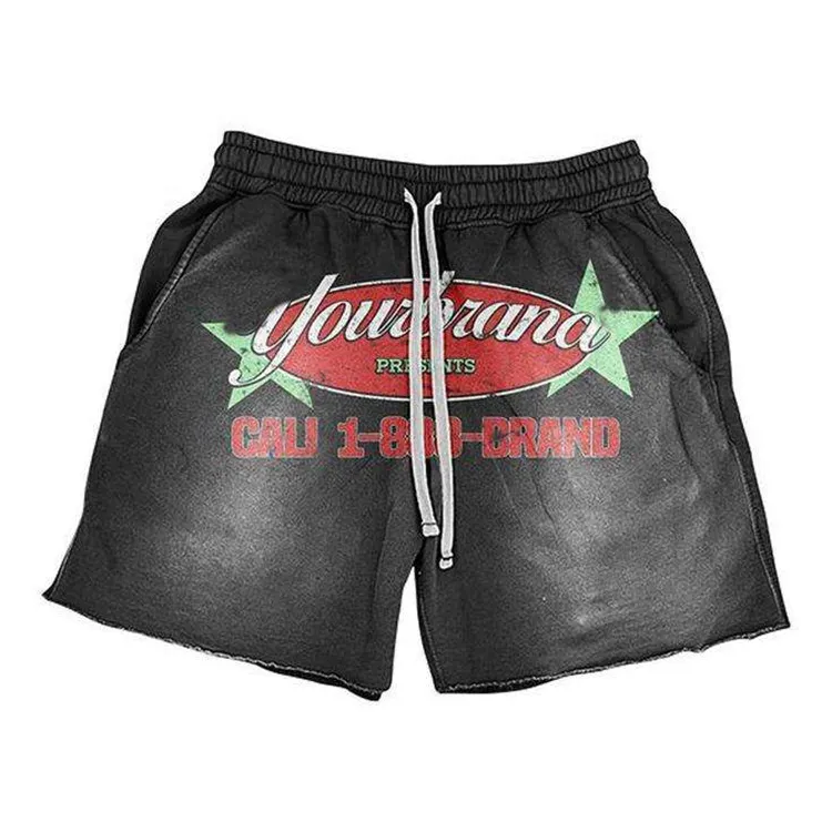 Calça curta masculina personalizada de algodão com bainha média e fecho com cordão, shorts curtos vintage de lavagem com ácido e meias