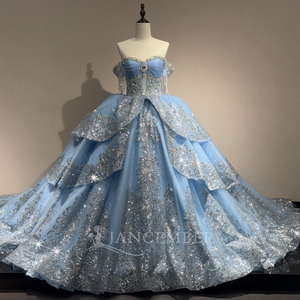 ชุดเดรส XS280 สีน้ำเงินสวยงาม ประดับลูกปัดคริสตัล ปักลายฉลุ แต่งระบายชายกระโปรงยาวลากพื้น พร้อมพู่ห้อยและโบว์ - Product Image 1