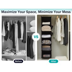 Hanging Closet Organizer 6 Shelf Black Non Woven Fabric <b>Storage</b> For Clothing Behind Door Wall Mount - Product Image 6