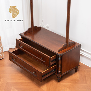 Perchero <span class=keywords><strong>de</strong></span> Madera Maciza Vintage <span class=keywords><strong>con</strong></span> 2 Cajones <span class=keywords><strong>de</strong></span> Almacenamiento, Acabado en Nogal, para Entrada/Hall, <span class=keywords><strong>con</strong></span> Barra para Colgar y Ganchos Laterales - Product Image 3