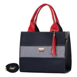 Sac fourre-tout décontracté pour femme Fana, en cuir PU rayé, avec fermeture à rabat, sangle chaîne bleue, sac à main classique pour usage quotidien - Product Image 3