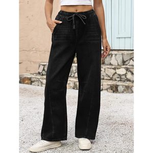 Jean Barrel pour femme FOXA, taille haute, jambe large, avec cordon de serrage, en denim, avec poches, en toile respirante - Product Image 5