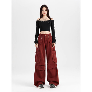 Venta al por mayor de alta cintura estilo de Hong Kong pantalones de las mujeres de Angora americano rojo teñido de trabajo Jeans Multi-Bolsillo de pierna ancha suelta - Product Image 2