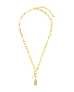 Collier Y Gemnel tendance en <span class=keywords><strong>laiton</strong></span> <span class=keywords><strong>plaqué</strong></span> or 18 carats PVD avec micro-pavé de zircone cubique, pendentif rectangulaire en forme de plaque militaire et perle pour femme - Bijoux - Product Image 3