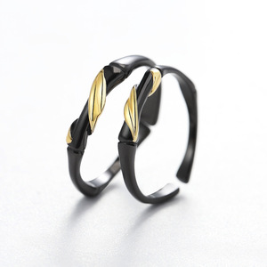 Couple Rings Bamboo Design Black Gold Inlay Unisex Fashion Jewelry Gift Set QL 024 - Product Image 4