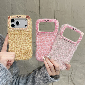 Cartoon Leopard pattern Ear Bow plush Mobile <b>Phone</b> case for iPhone 17 16 15 14 13 Pro Max KT Cat Cute Fabric 3D Back Cover - Product Image 1