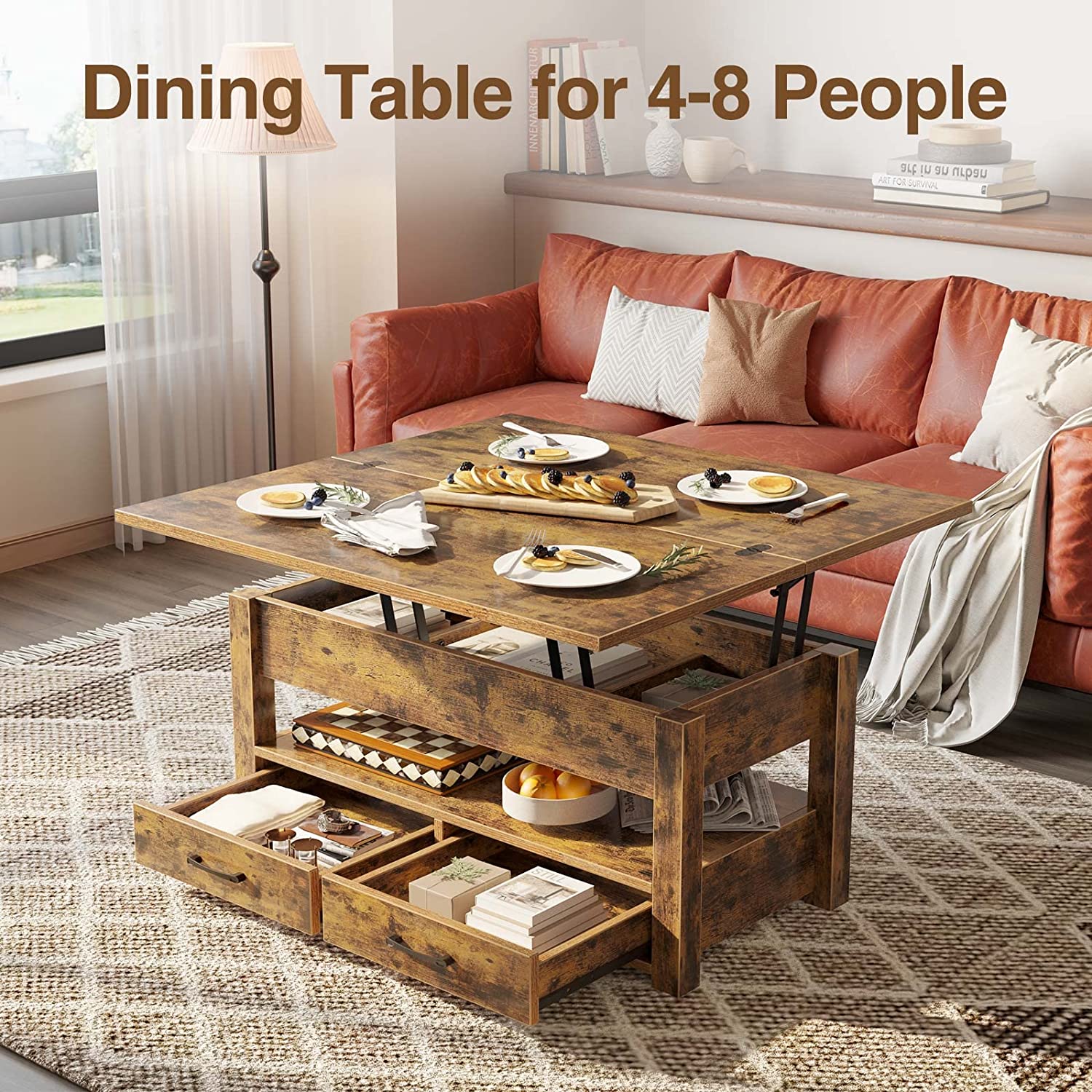 Multi-Function Convertible Coffee Table with Drawers and Hidden Compartment Dining Table for Living Room Home Office