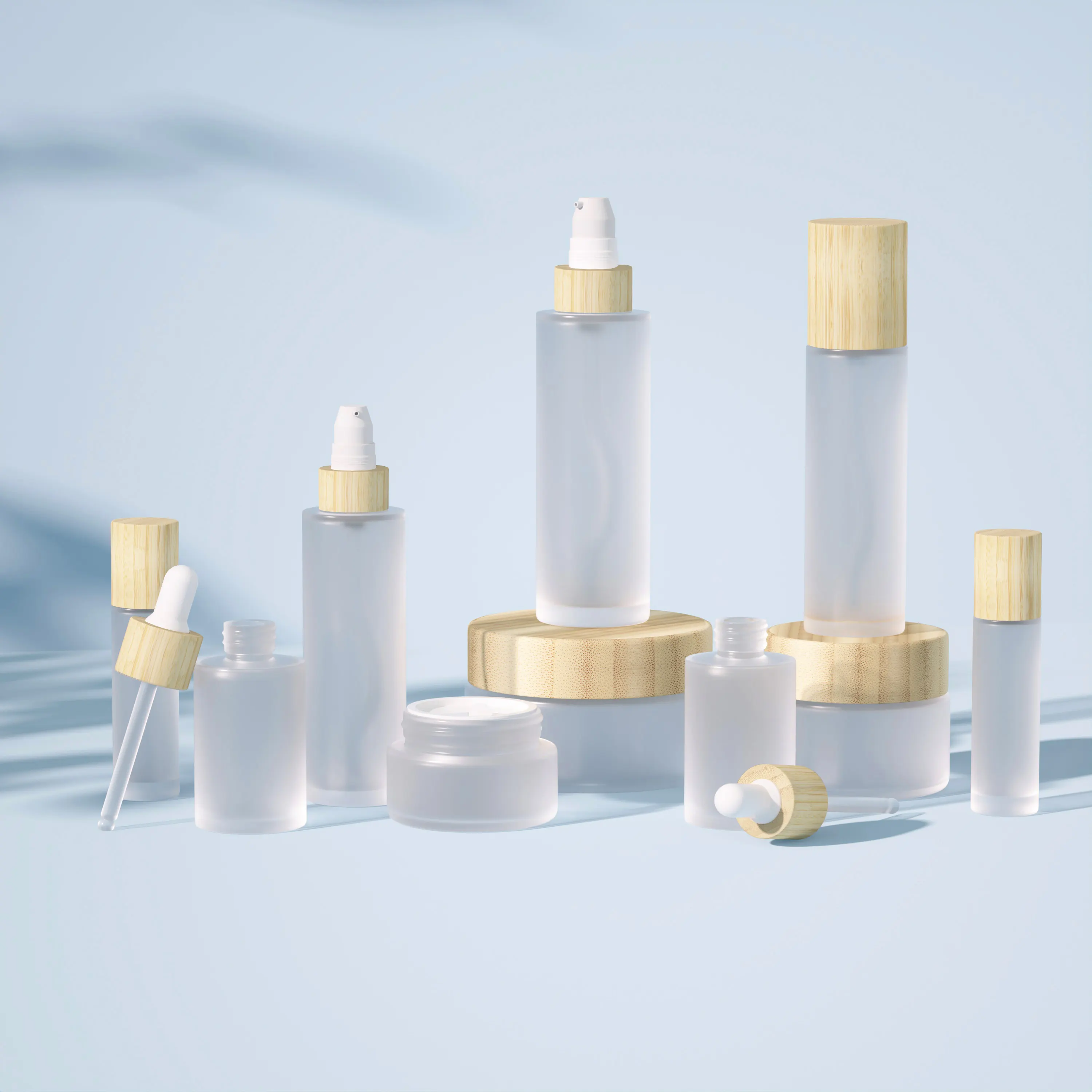 Bamboo cosmetic packaging 30ml 50ml 100ml 4oz frosted serum oil glass bottles pump bottle face cream jar with bamboo lid