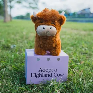 Fluffy Highland mainan sapi lembut, hadiah boneka hewan sapi Highland coklat, mainan mewah Highland mewah, boneka ternak 7.87 inci, banteng halus