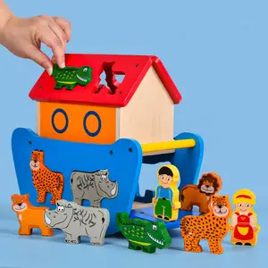 Noah's Ark Colorful Animals Blocks Wooden Train Toy Set for Creative Role Play Promotes Grasping Thinking Skill