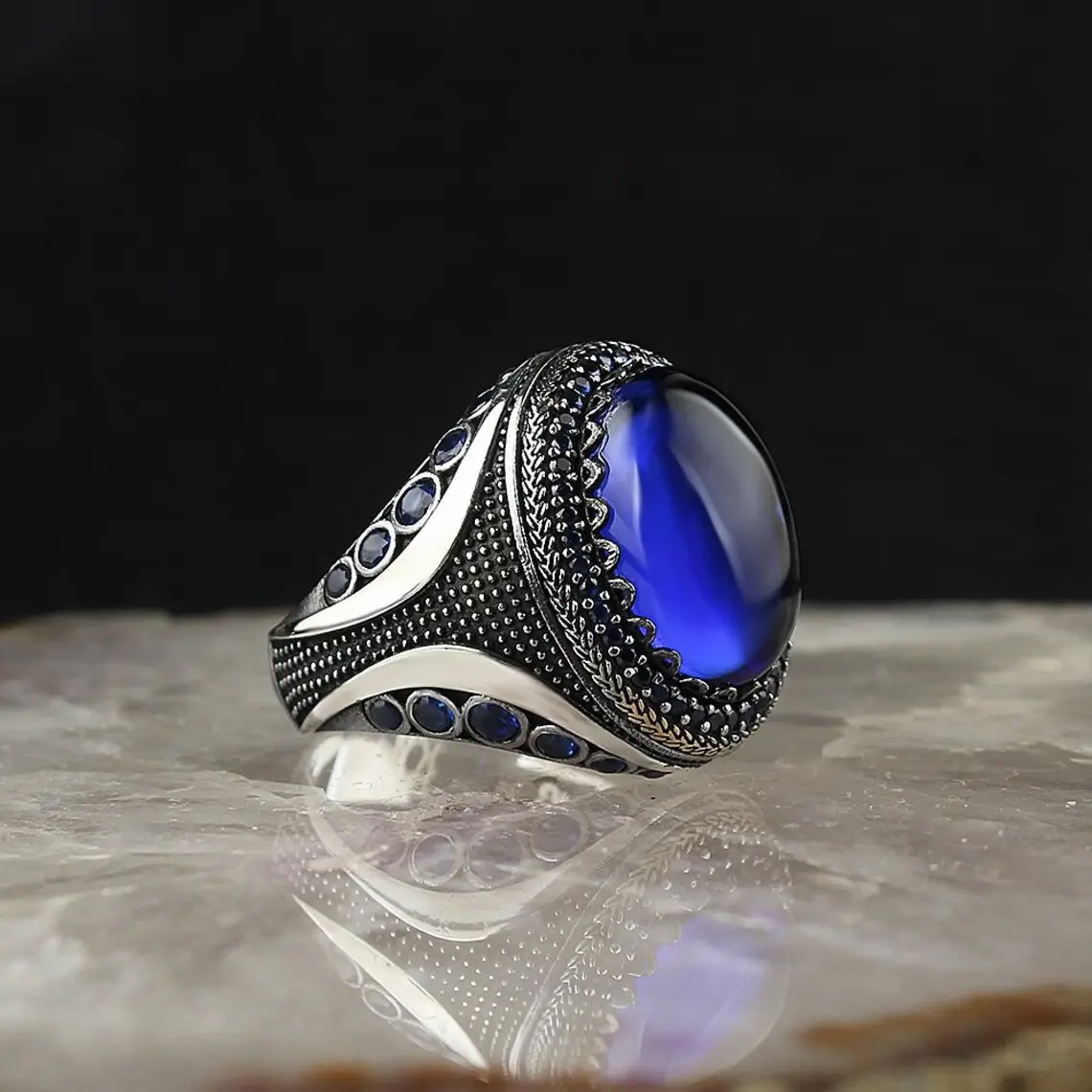 خاتم من الفضة الإسترليني العتيق للرجال مع اللازورد الأزرق الداكن خاتم من الفضة التايلاندية مع مجوهرات تركية سوداء للرجال