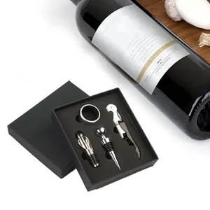 Schnelle Lieferung 4-teiliges Weinauföffner-Geschenkset mit schwarzer Schachtel, Weinstopper, Korkenzieher, Ausgießer und Flaschen-Ring
