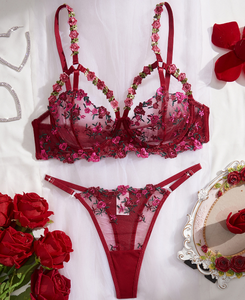 Wholesale Floral Embroidery Lingerie <b>Set</b> <b>Sexy</b> Sheer Mesh Underwire Bra and Thong Panties <b>Set</b> 2 Piece Lace Underwear <b>Set</b> OEM ODM - Product Image 4