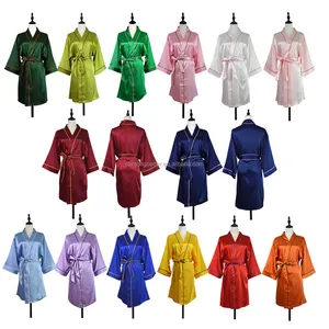 Envío rápido 20 colores de alta calidad con ribete dos bolsillos de costura damas de honor nupciales Kimono de satén de seda batas de mujer ropa de dormir