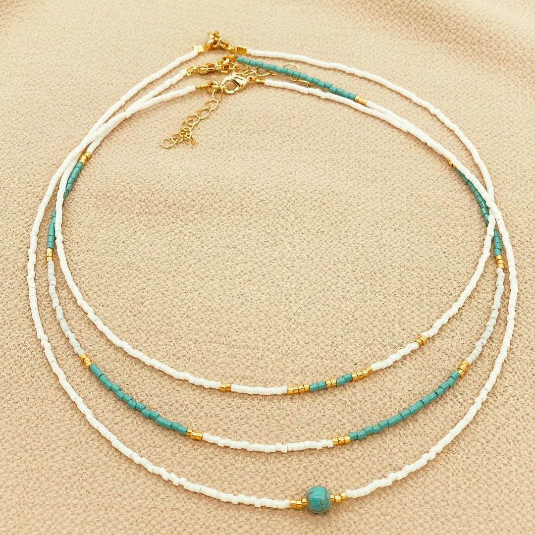 New Design Handwoven Small Rice Bead Necklace Turquoise Necklace Crystal Colorful String Beaded Fashion Jewelry