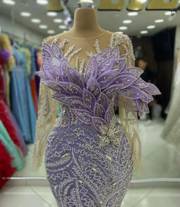 カスタマイズデザイナーイブニングドレスマーメイド3Dアップリケビーズクリスタルスパンコールチュールレース袖プロムドレスVestedo De Noite - Product Image 2