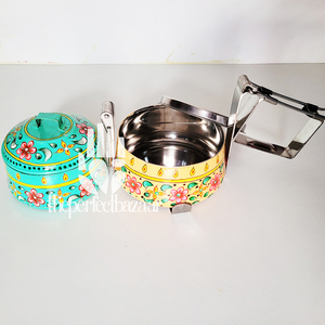 Luxury Stainless Steel Tiffin Box Hand Painted Design Heatable & <b>Portable</b> Dual Tier 2-Compartment - Product Image 2