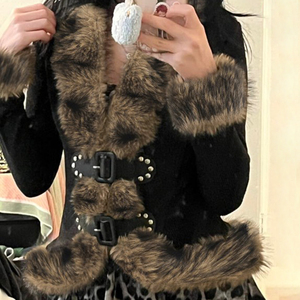 Veste cardigan rétro Y2K à col en fourrure avec boutons en cuir, design cintré à la taille, vêtement d'extérieur décontracté de style urbain pour une polyvalence - Product Image 2