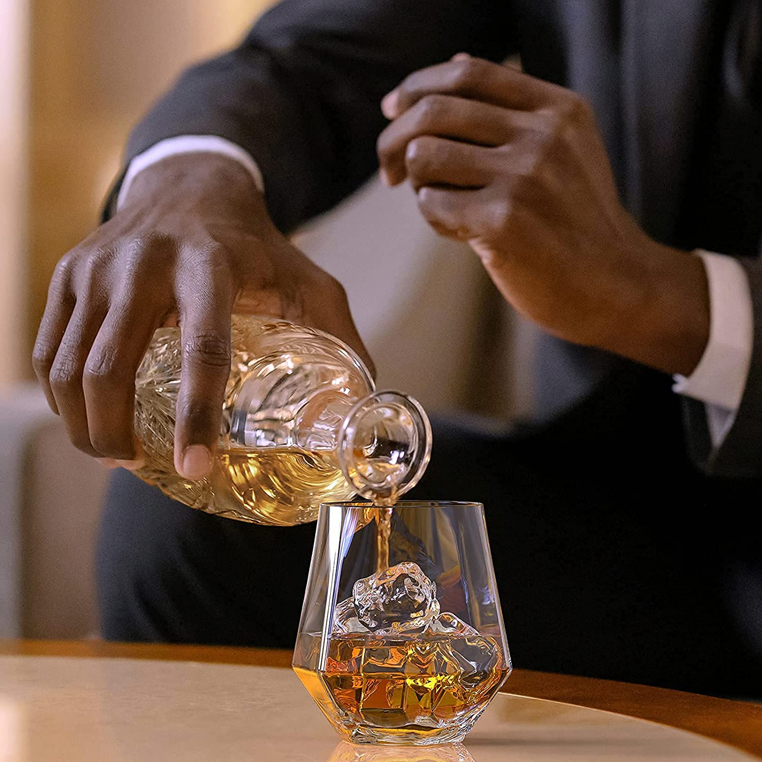 Diamond Whiskey Glasses Set of 6, Lead-Free Crystal Clear Glass, 10.4 oz, Cocktail Tumblers