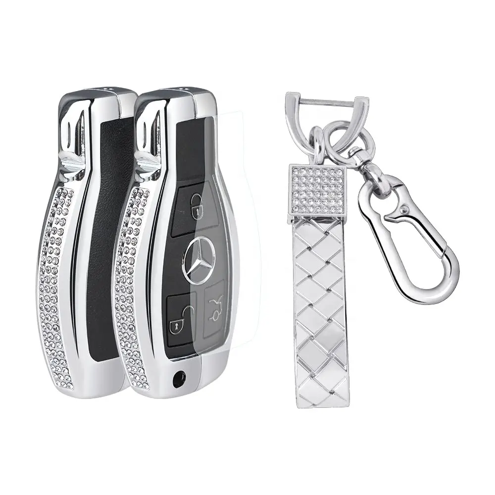 Bling Car Key Shell for Mercedes Benz Key Fob Cover CLS AMG C E S G M Class Smart Remote Control Key Case for Women Men Silver