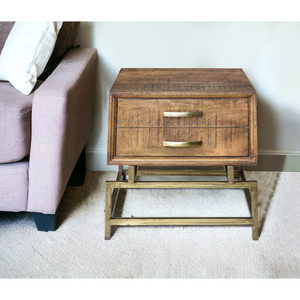 HMS 21 \ "tavolo quadrato in legno massello e ferro con cassetto con finitura ottone e marrone per mobili da soggiorno - Product Image 1