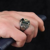 Bague Sceau Turque Homme en Argent Ancien avec Texture Sculptée et Incrustation de Pierre Précieuse, Style Punk Hip Hop, Bijoux et Accessoires Femme