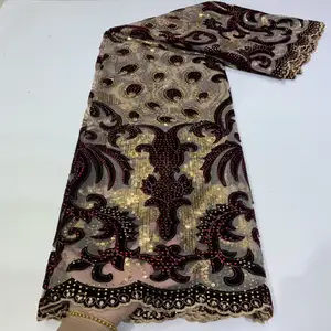 H014 非洲图案薄纱蕾丝，串珠，熨烫和刺绣尼日利亚网蕾丝面料