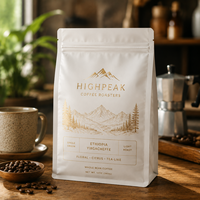Sachet de café noir mat personnalisé à fond plat avec valve et fermeture éclair imprimée
