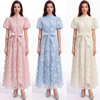 Elegante Vestido Maxi de Verano para Mujer con Cuello Mandarín Natural, Botones, Manga Corta, Lavable, Cinturón de Encaje No Tejido
