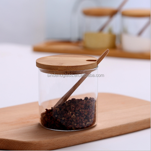 Frasco De Vidro Condimento Frasco Recipiente Tempero Box Pot 3pcs Tempero Frasco De Vidro De Cozinha Conjunto com Colher De Bambu Tampa e Base - Product Image 3