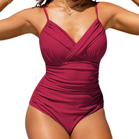 Maillot de bain une pièce froncé à col en V pour femmes, grande taille, avec soutien-gorge rembourré, S-2XL, vêtements de plage pour dames