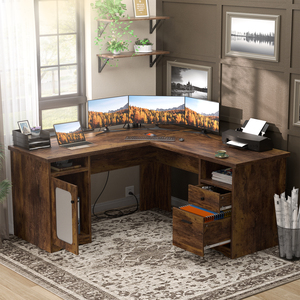 Bureau de direction en forme de L Unikito avec tiroir, prises électriques, ports de charge USB, écologique, gain de place, armoire de rangement pour 2 personnes - Product Image 2