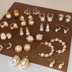 Gold Plated Pearl Heart flower Stud Earrings wholesale Women Fashion Flower C Hoop Geometric Drop pearl Earrings