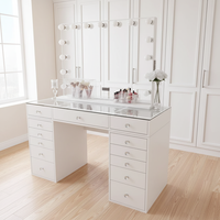 Coiffeuse de luxe moderne professionnelle avec miroir éclairé et 13 tiroirs de rangement pour salle de bain et chambre