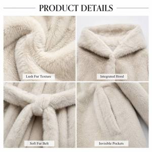 Mantel Luaran Wanita Musim Dingin, Model Slim, Berbahan Bulu Mink Imitasi, Berkerudung, Panjang, Lembut, Ramah Lingkungan, Hangat, Tebal, Berbulu, Dilengkapi Sabuk, Modis - Product Image 3
