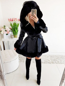 Parka Wanita Kulit Imitasi Dengan Kerah Bulu Imitasi Lengan Panjang Dengan Saku Mantel Musim Dingin Hangat Dengan Sabuk - Product Image 3