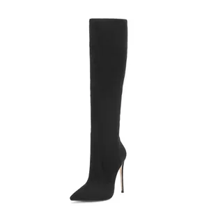Label เอกชนขนาด45รองเท้าส้นสูงผู้หญิงหนังนิ่มสีดำเข่ารองเท้าฤดูหนาวสูงสำหรับผู้หญิง