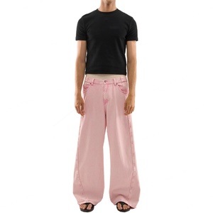 Pantalon en jean rose décontracté à jambe large, nouvelle mode streetwear, jean ample à empiècements pour hommes - Product Image 1