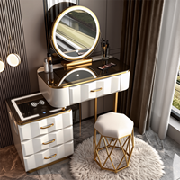 Ensemble de coiffeuse moderne avec miroir, tiroirs ondulés et tabouret, éclairage LED intelligent en bois extensible pour la chambre à coucher
