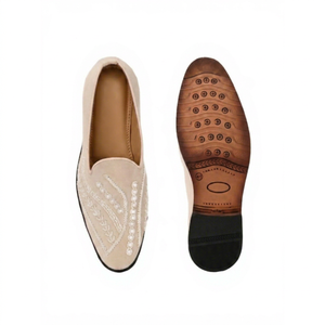 Mocassins pour homme en cuir véritable crème Asken Atelier, faits à la main, avec détails brodés du blason, respirants et confortables - Product Image 3