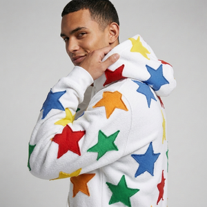 Men's White Pullover Hoodie with Multicolor Chenille <b>Star</b> Patches - Streetwear Fleece Hooded Sweatshirt with Kangaroo Pocket - Product Image 6