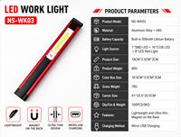 Lampe de travail LED portable rechargeable, dimmable, étanche, magnétique, COB, rouge, pour inspection de sécurité en atelier et bureau, en aluminium