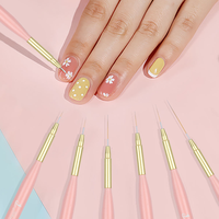 Kit de 7 pinceaux professionnels de précision pour nail art, manche en bois rose, virole dorée, pour la peinture au gel et les lignes françaises