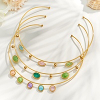 Kalung Choker Rantai Ular Minimalis Stylish Berlapis Emas 18K Batu Alam Es Oval Sederhana Baja Anti Karat Perhiasan Wanita