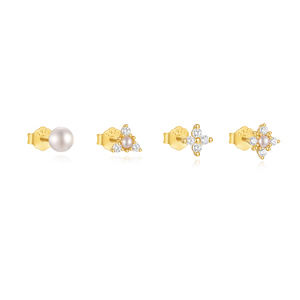 Boucles d'oreilles à clous en perles, lot de 4, simples, nouvelles, en argent S925, mini fleurs pour filles - Product Image 1