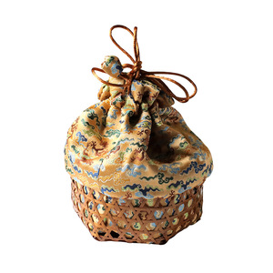 Handmade <b>Bamboo</b> Woven <b>Basket</b> With Embroidered Cloth Cover Jewelry Storage Box Round Yellow Tea Ceremony Accessory - Product Image 5